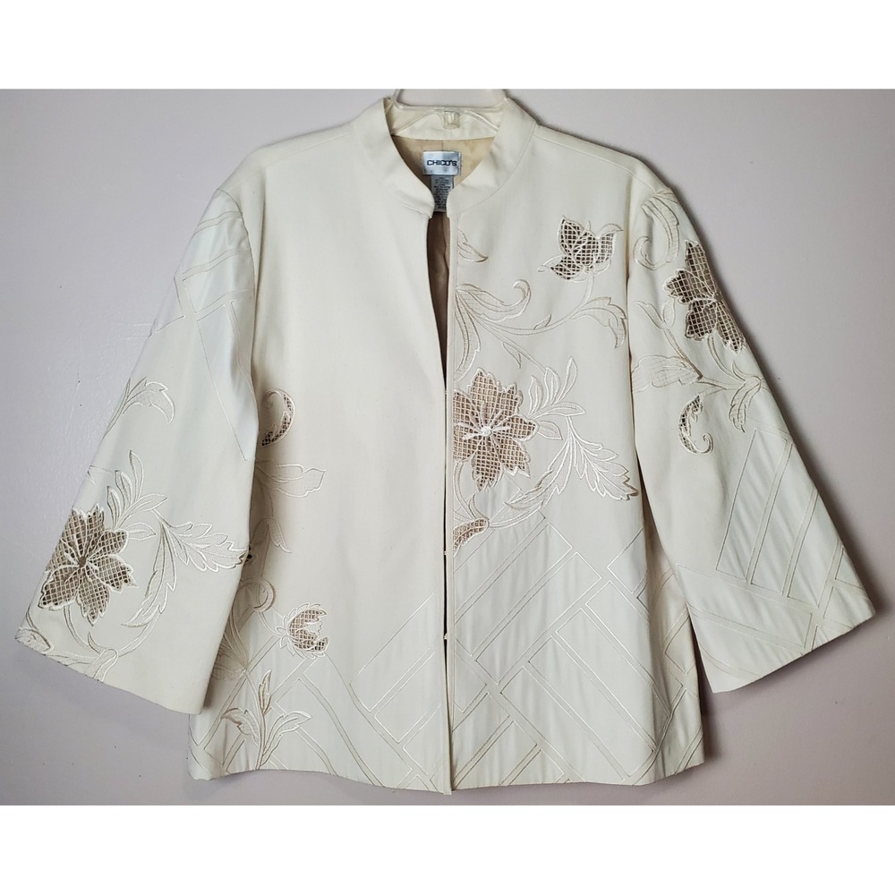 Chico's 3 XL Ivory‎ Neutral Embroidered Floral Spring Summer Jacket 3/4 Sleeves
